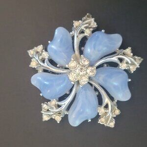 Vintage Blue Floral Moonstone Rhinestone Brooch Pin